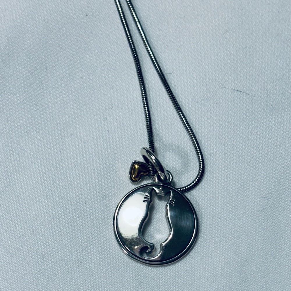 Brighton Cat's Meow w Heart Charm Necklace Long 32-34” Silver Plated Adorable - Picture 2 of 5